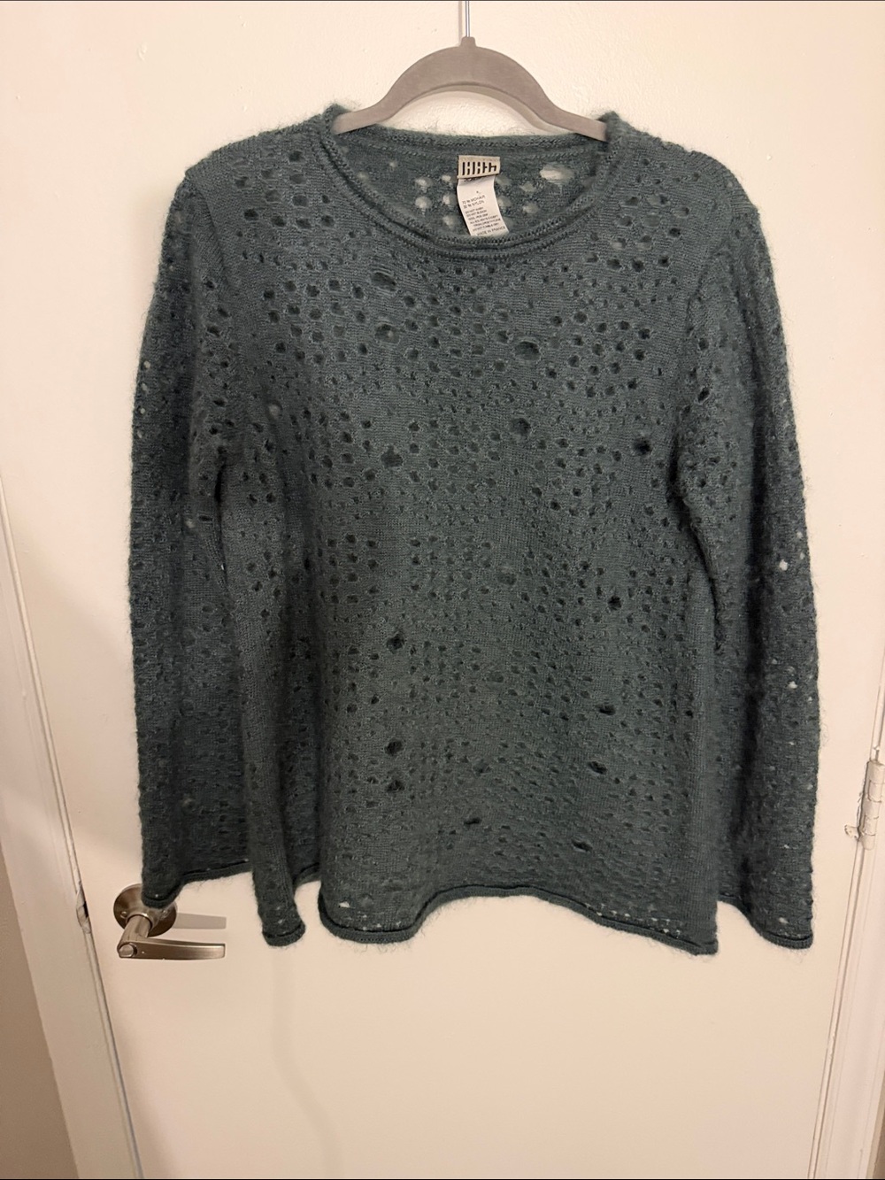Open-Knit Scoop Neck Sweater in Teal-Gray